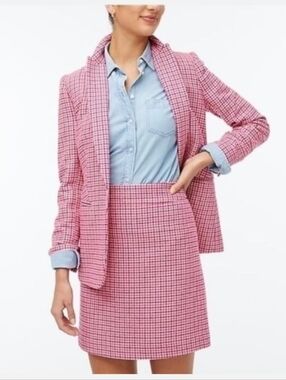 J. Crew Houndstooth Single Button Wool Blazer And Skirt Set in Pink Berry Size 0